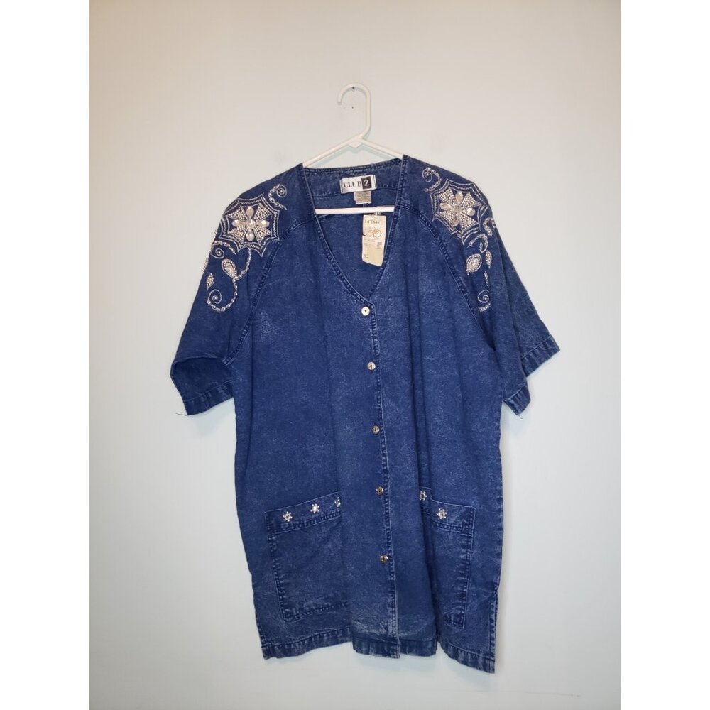 VTG 80s Club Z Women Plus 14W 16W Top Denim Studded Sparkly Blue Art To Wear NWT